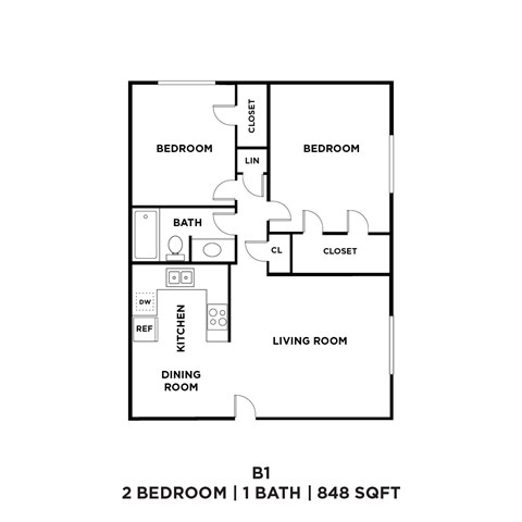 A floor plan of a 2 bedroom apartment with 1 bath.